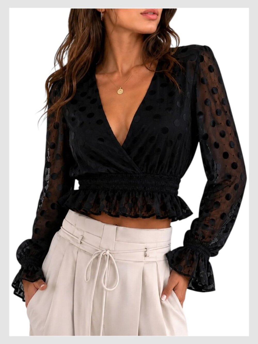 Lovers + Friends Sheer sleeve Peplum Polka Dot Crop Top Black M